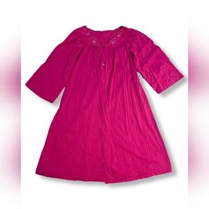 Pink Long Button-Down Faux Silk Embroidered Kneckline Slip Dress Nightgown